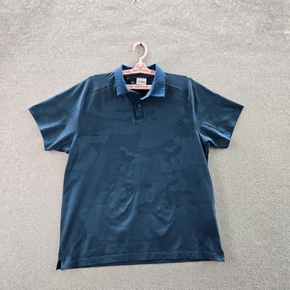 Under Armour Men Polo LARGE Blue Camouflage Heatgear Activewear Logo Loose Fit